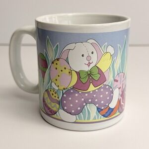 Bunny Rabbits Coffee Cup Easter Eggs Spring Bow Tie Ceramic Colorful Tea Mug Vtg
